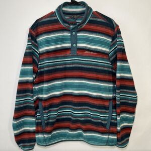 Eddie Bauer 1/4 Snap Pullover Fleece Sweater Men Size L Large Teal Orange Stripe